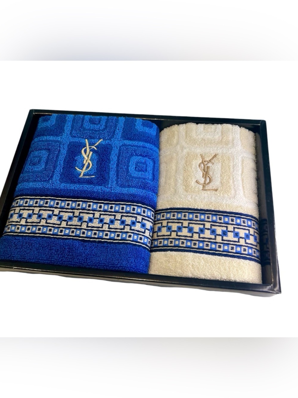 Yves Saint Laurent Blue & Cream Embroidered Logo Towel Set NIB Luxury